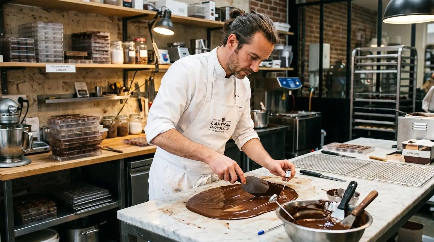 Chocolatier artisan en tenue professionnelle tempérant du chocolat sur marbre de travail dans atelier, équipements professionnels visibles, lumière focalisée, geste métier précis