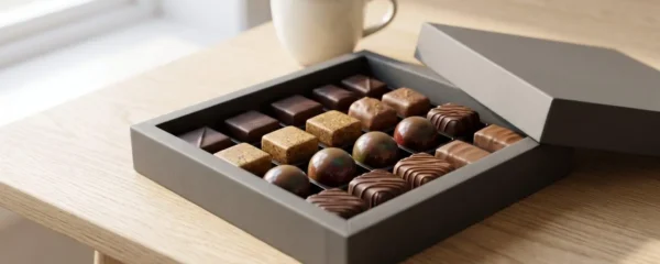 Coffret ouvert de chocolats artisanaux haut de gamme posé sur table en bois clair, présentant ganaches brillantes, pralinés dorés et carrés de chocolat noir, éclairage naturel doux