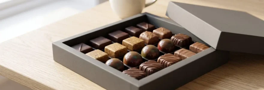 Coffret ouvert de chocolats artisanaux haut de gamme posé sur table en bois clair, présentant ganaches brillantes, pralinés dorés et carrés de chocolat noir, éclairage naturel doux