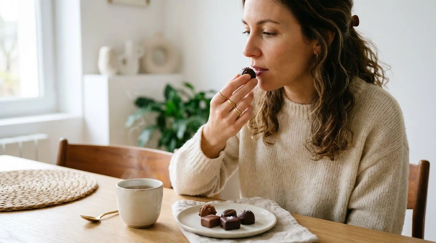 Main tenant délicatement chocolat artisanal près de la bouche, tasse de thé fumante et chocolats sur assiette porcelaine, table bois clair, lumière naturelle douce, dégustation raffinée